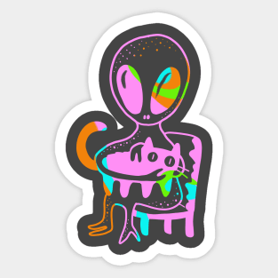 Alien sitting on a chair stroking a cat - trippy, psychodelic colors cute gift Sticker